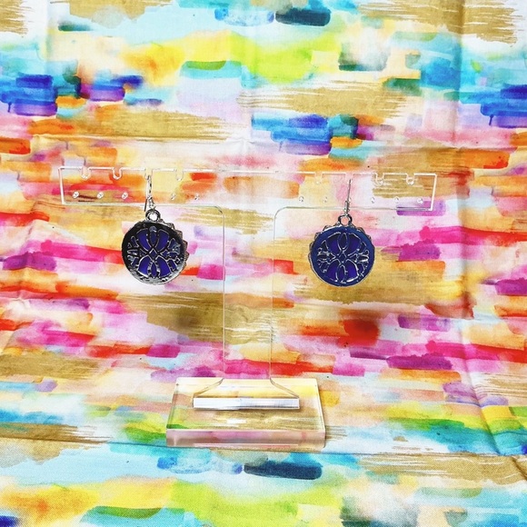 Iridescent Blue Moon Face Earrings Hand Crafted Sterling Silver Wires - Picture 5 of 6